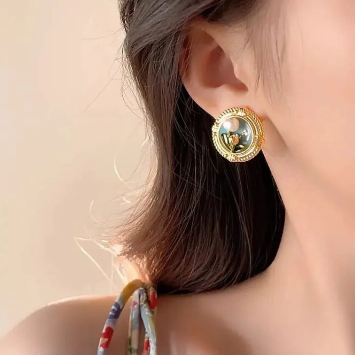 Gold Plated Blue Floral CZ Stud Earrings PSE-M1144 PSE-M1144_01.jpeg