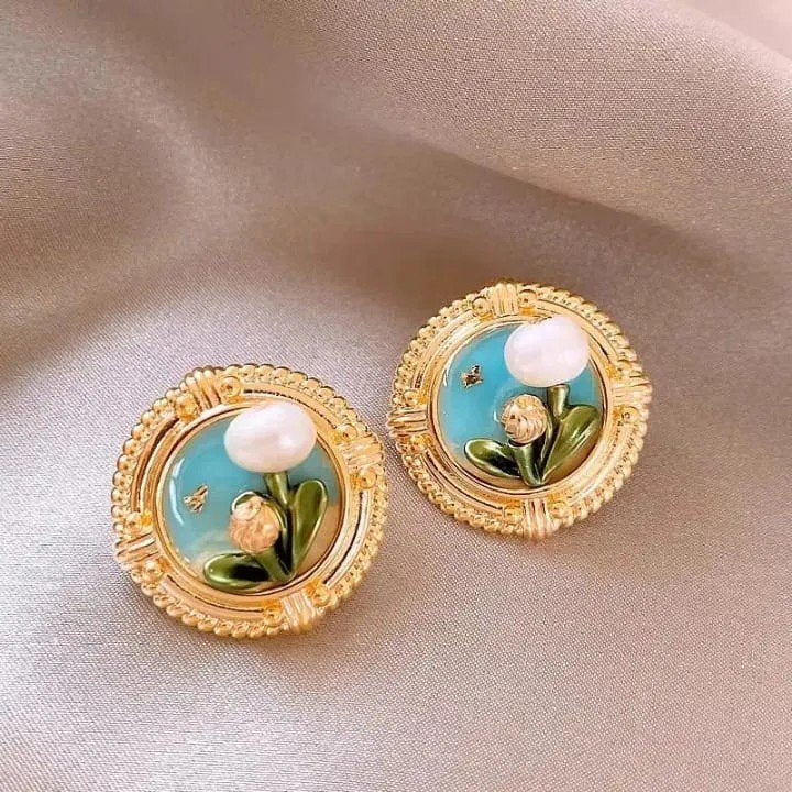 Gold Plated Blue Floral CZ Stud Earrings PSE-M1144 PSE-M1144_03.jpeg