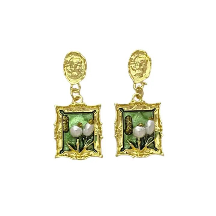Court Oil Painting Framed Baroque Pearl Flower Stud Earrings PSE-M1154 PSE-M1154_01.jpeg