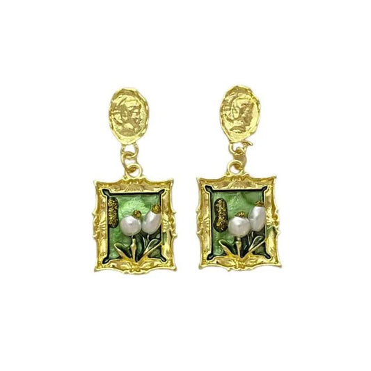 Court Oil Painting Framed Baroque Pearl Flower Stud Earrings PSE-M1154 PSE-M1154_01.jpeg