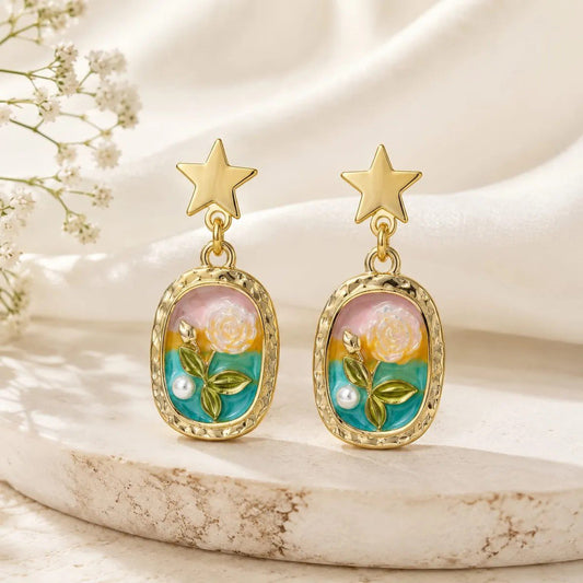 Oil Painting Style Vintage Earrings | AUREX Korean-Inspired Earrings PSE-M1269 PSE-M1269_02.jpeg