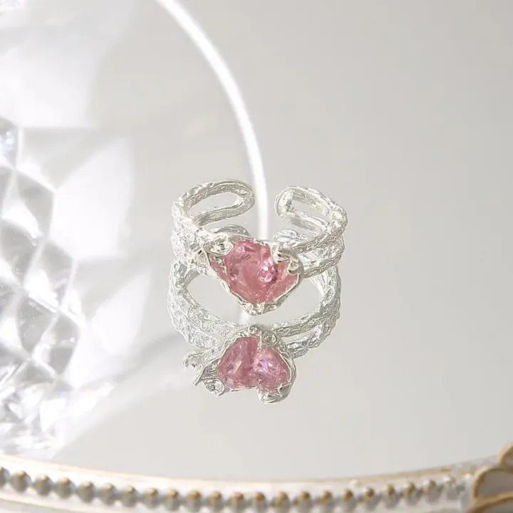 Silver Adjustable Textured Band Ring with Pink Stone | PSE-M1325