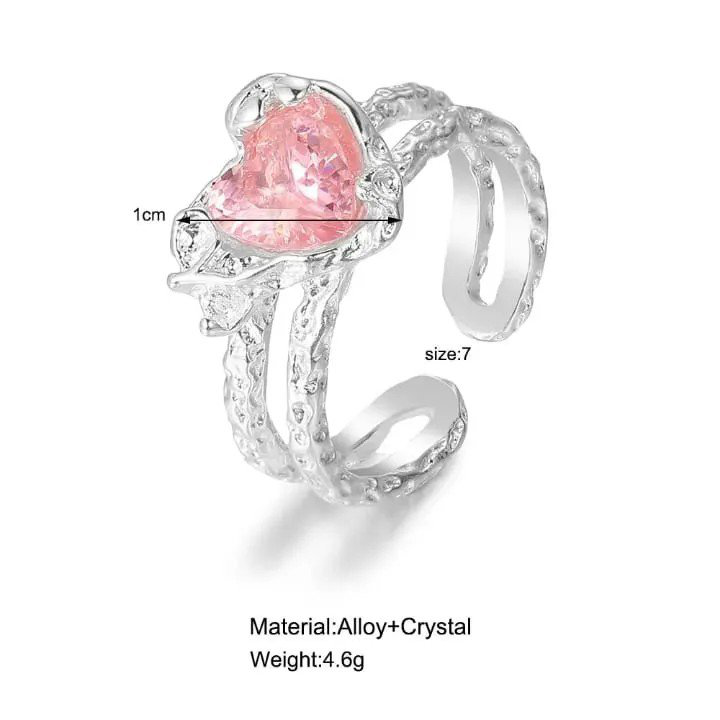 Silver Adjustable Textured Band Ring with Pink Stone | PSE-M1325