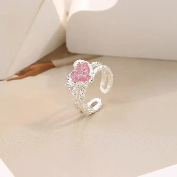 Silver Adjustable Textured Band Ring with Pink Stone | PSE-M1325
