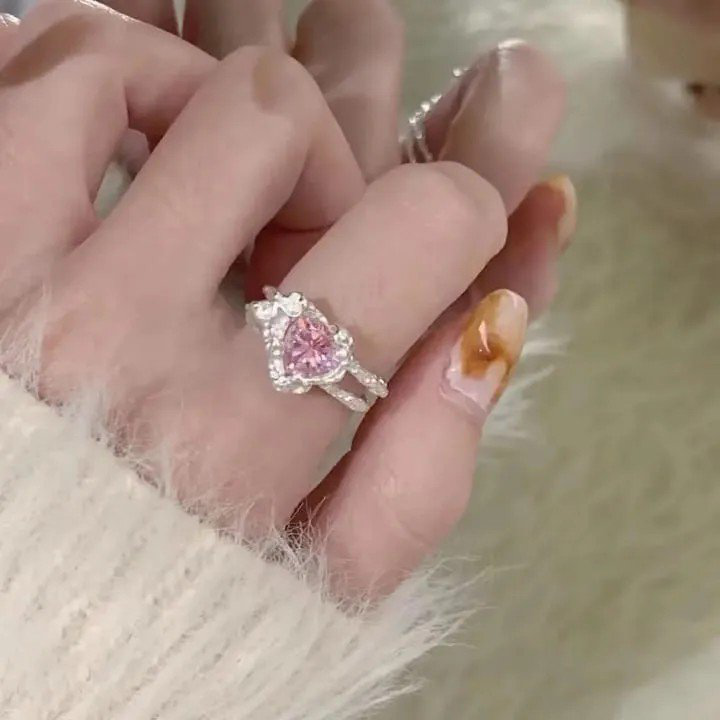 Silver Adjustable Textured Band Ring with Pink Stone | PSE-M1325