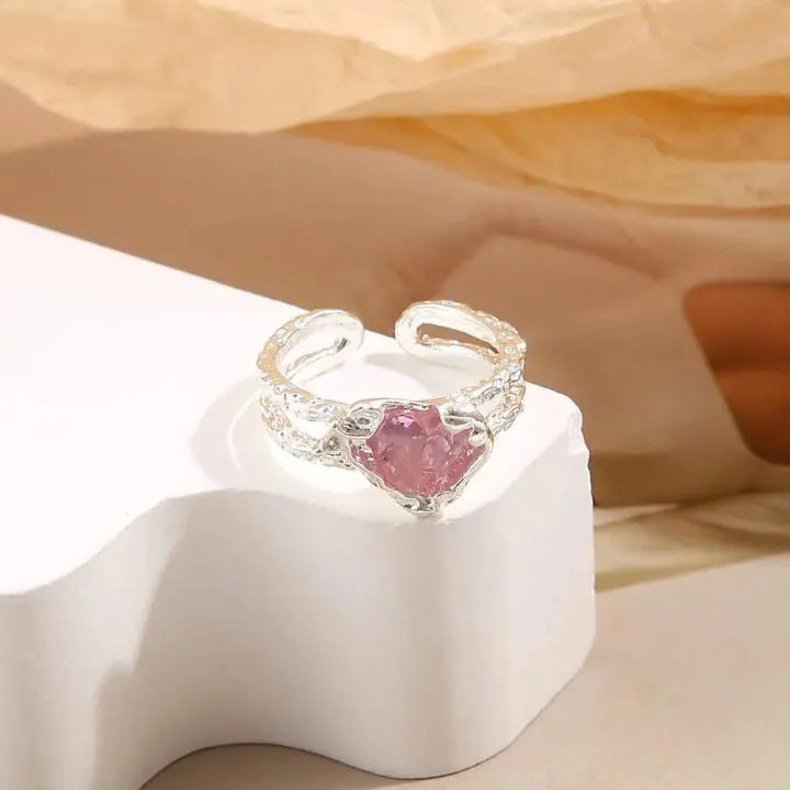 Silver Adjustable Textured Band Ring with Pink Stone | PSE-M1325