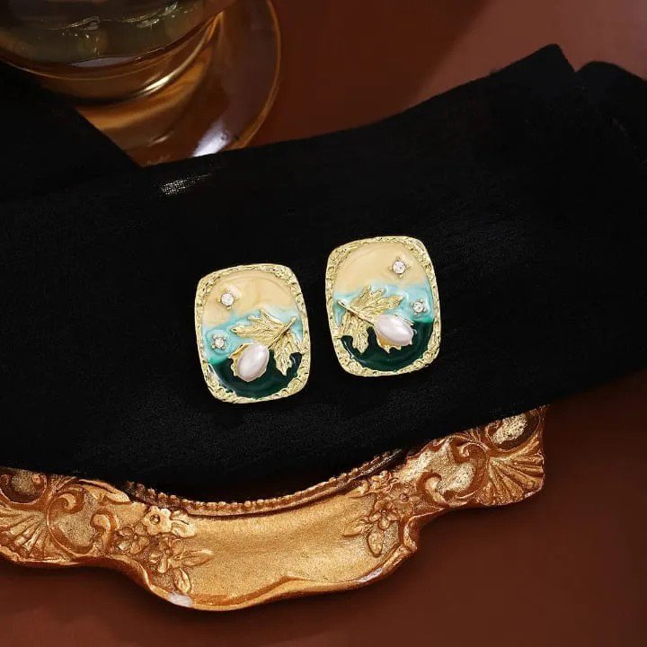 Oil Painting Luxury Drip Elliptical Pearl Earrings PSE-M1399 PSE-M1399_02.jpeg
