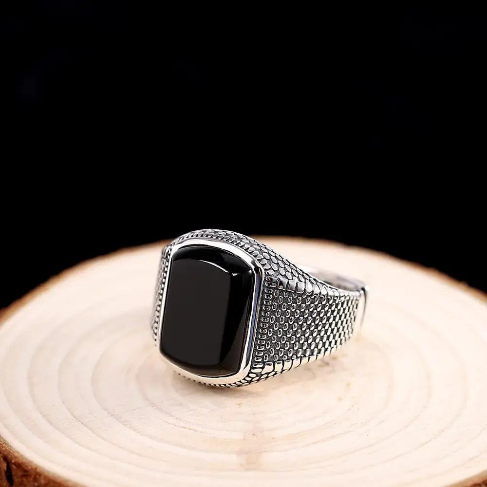 Sterling Silver Men's Black Stone Open Ring | PSE-M1415