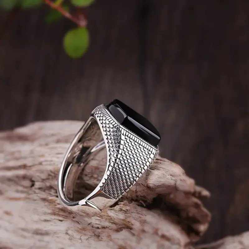 Sterling Silver Men's Black Stone Open Ring | PSE-M1415