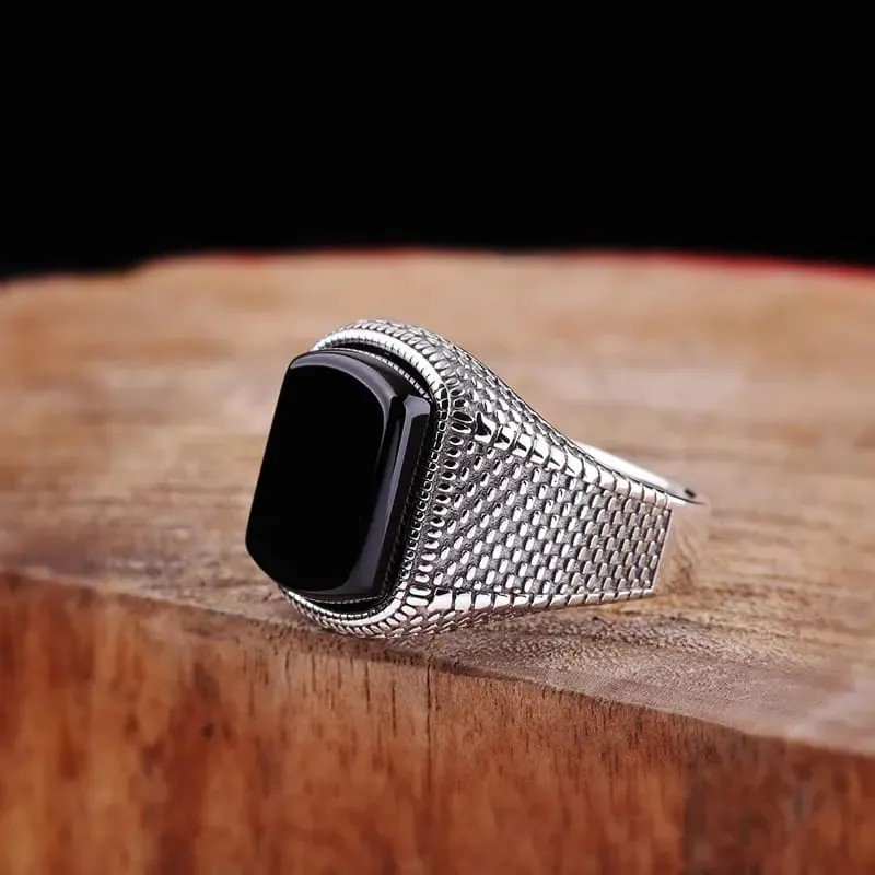 Sterling Silver Men's Black Stone Open Ring | PSE-M1415