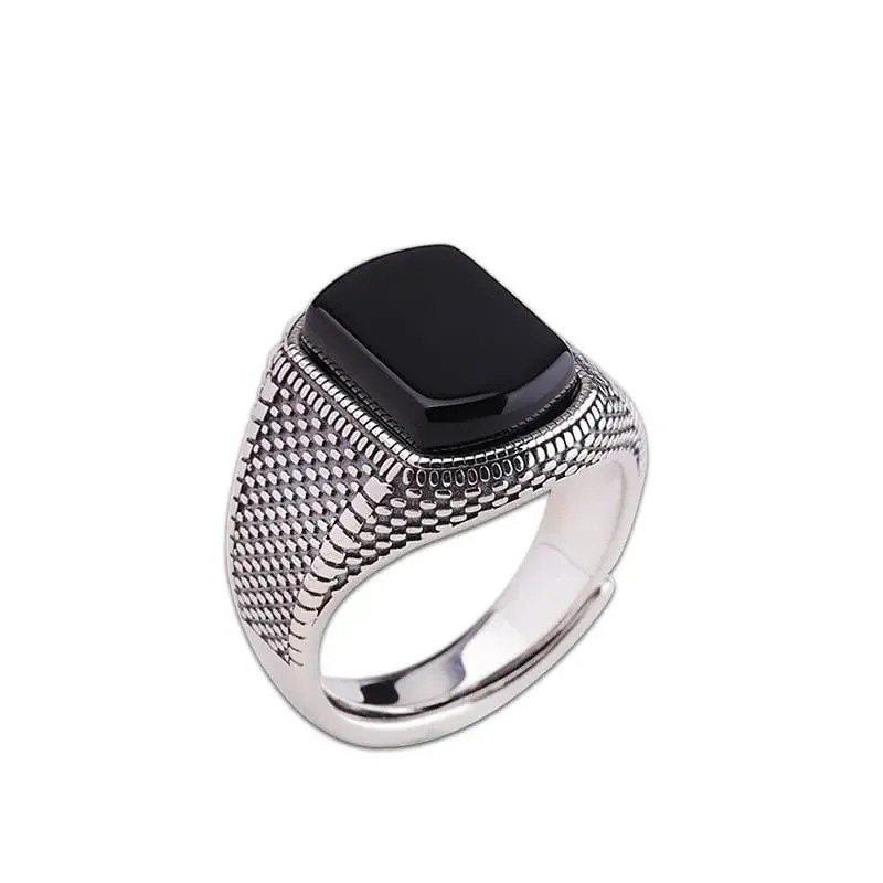 Sterling Silver Men's Black Stone Open Ring | PSE-M1415