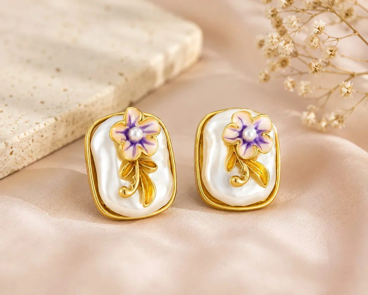 Floral Pearl Unique Luxurious Sophisticated Stud Earrings | AUREX Korean-Inspired Earrings PSE-M1437 PSE-M1437_02.jpeg