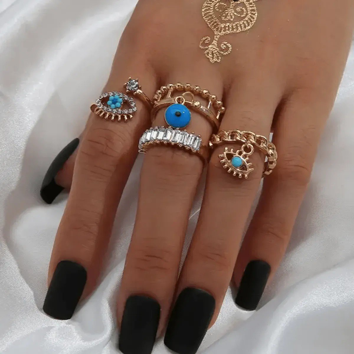 Alloy and Stone Multicolor PSE 4-Finger Ring Set | PSE-M61