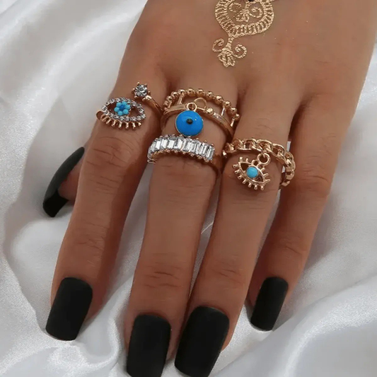 Alloy and Stone Multicolor PSE 4-Finger Ring Set | PSE-M61