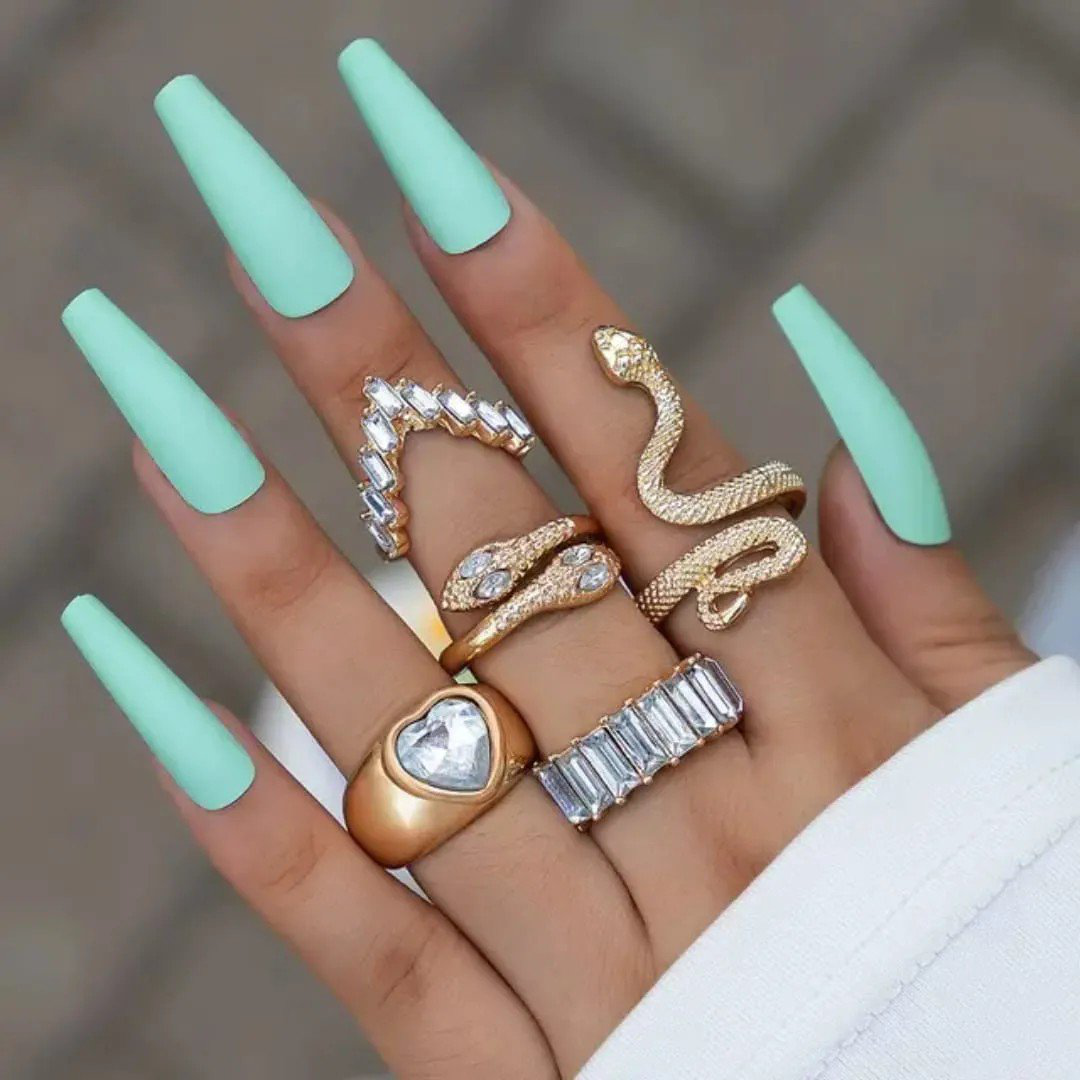 Silver White Golden Snake Heart High Fashion Korean Ring Set of 5 | PSE-M613