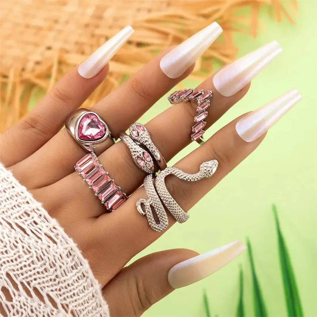 Silver-Plated Pink Stone Studded Heart-Snake Inspired Stackable Rings Set of 5 | PSE-M613