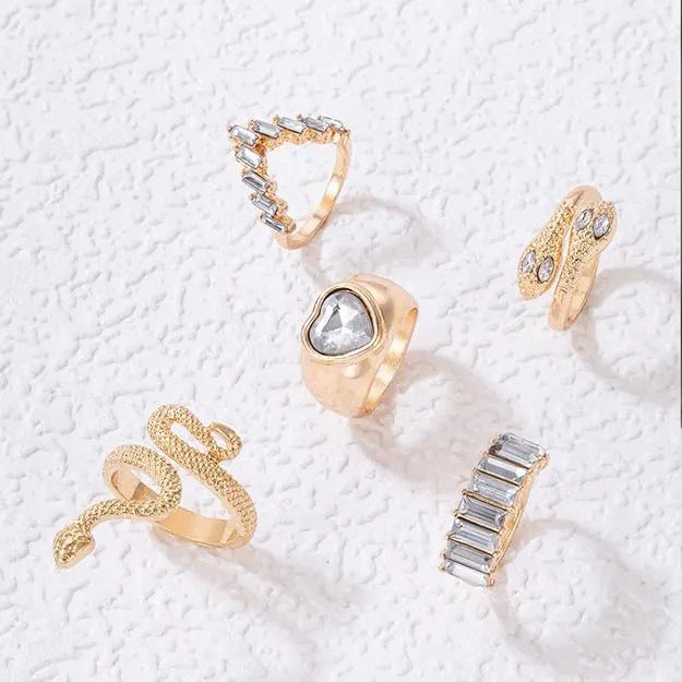 Silver White Golden Snake Heart High Fashion Korean Ring Set of 5 | PSE-M613