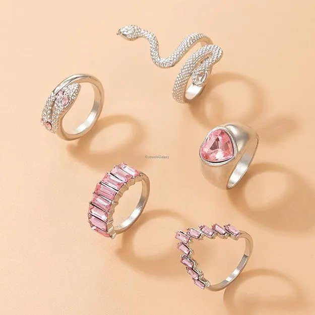 Silver-Plated Pink Stone Studded Heart-Snake Inspired Stackable Rings Set of 5 | PSE-M613