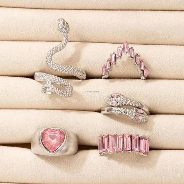 Silver-Plated Pink Stone Studded Heart-Snake Inspired Stackable Rings Set of 5 | PSE-M613