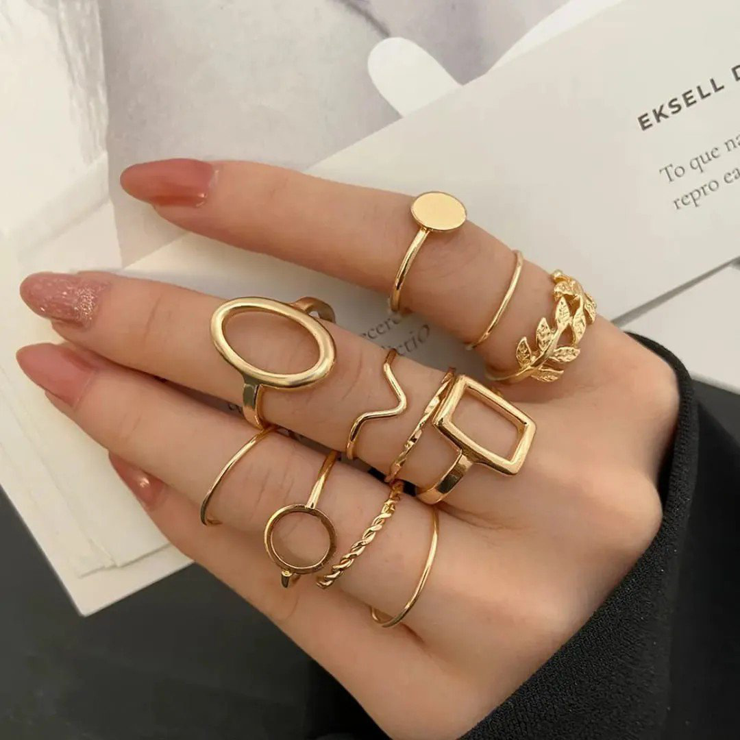 Set of 11 Gold-Plated Contemporary Stackable Rings | PSE-M623