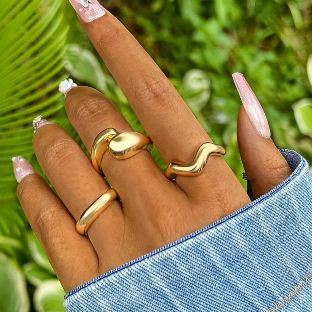 Set of 3 Gold-Plated Stainless Steel Adjustable Stackable Finger Rings | PSE-M628