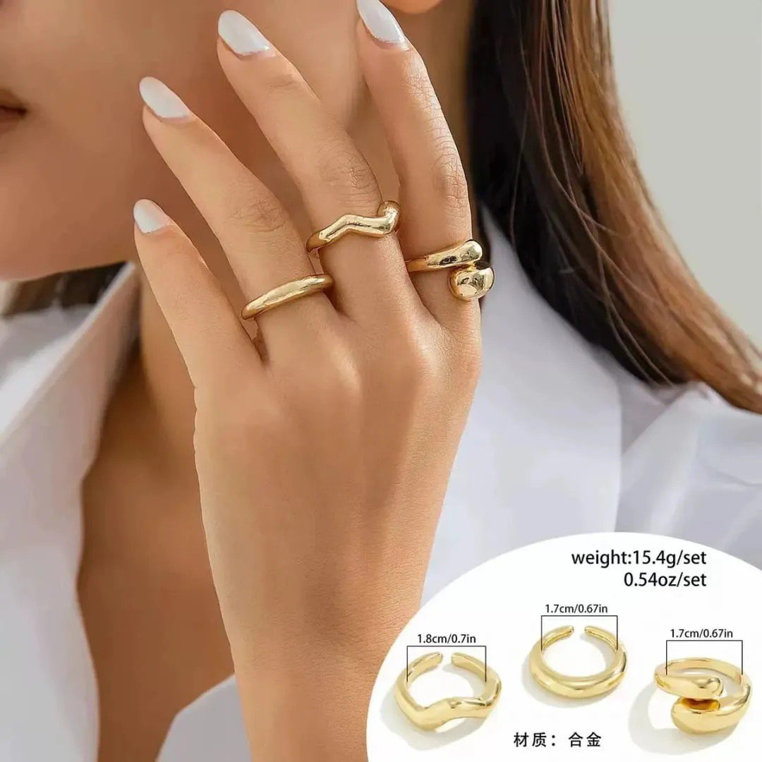 Set of 3 Gold-Plated Stainless Steel Adjustable Stackable Finger Rings | PSE-M628