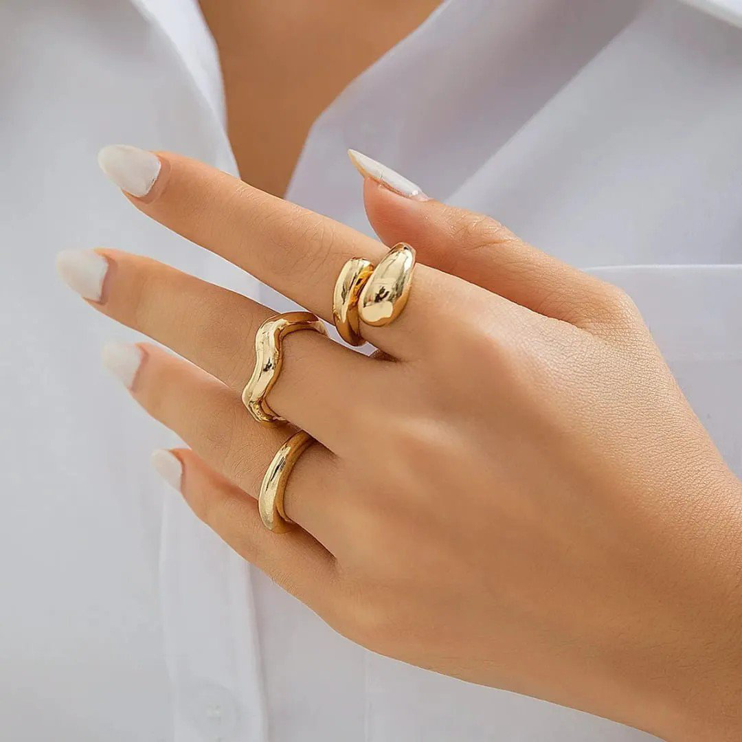 Set of 3 Gold-Plated Stainless Steel Adjustable Stackable Finger Rings | PSE-M628