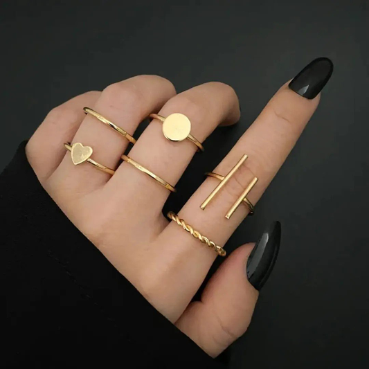 Set of 6 Gold-Plated Contemporary Stackable Finger Rings | PSE-M636