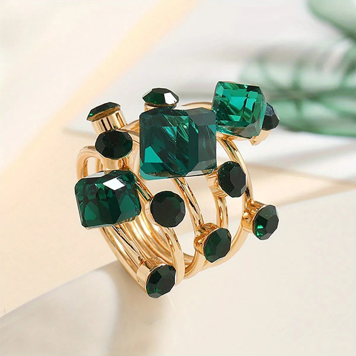 Gold-Plated Emerald Green Crystal Multi-Layer Spiral Ring | PSE-M836