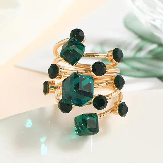 Gold-Plated Emerald Green Crystal Multi-Layer Spiral Ring | PSE-M836