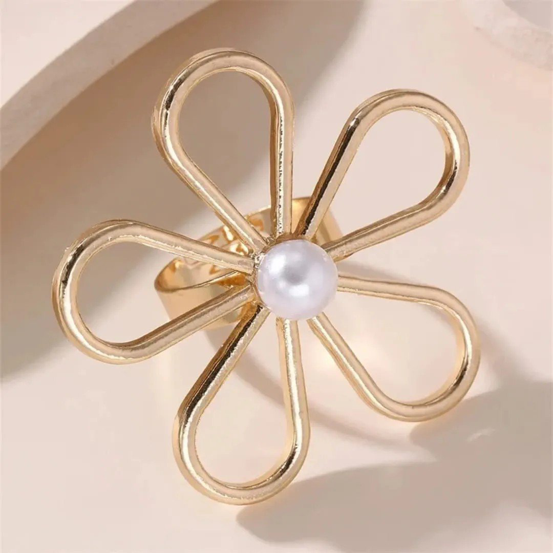 Flower Pearl 18K Gold White Anti-Tarnish Adjustable Ring | PSE-M867
