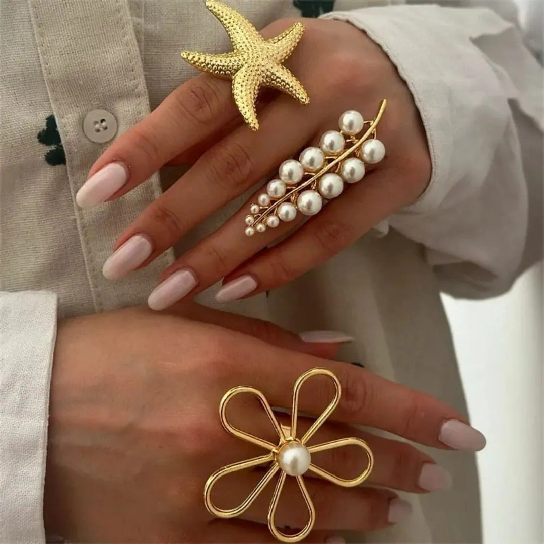 Flower Pearl 18K Gold White Anti-Tarnish Adjustable Ring | PSE-M867