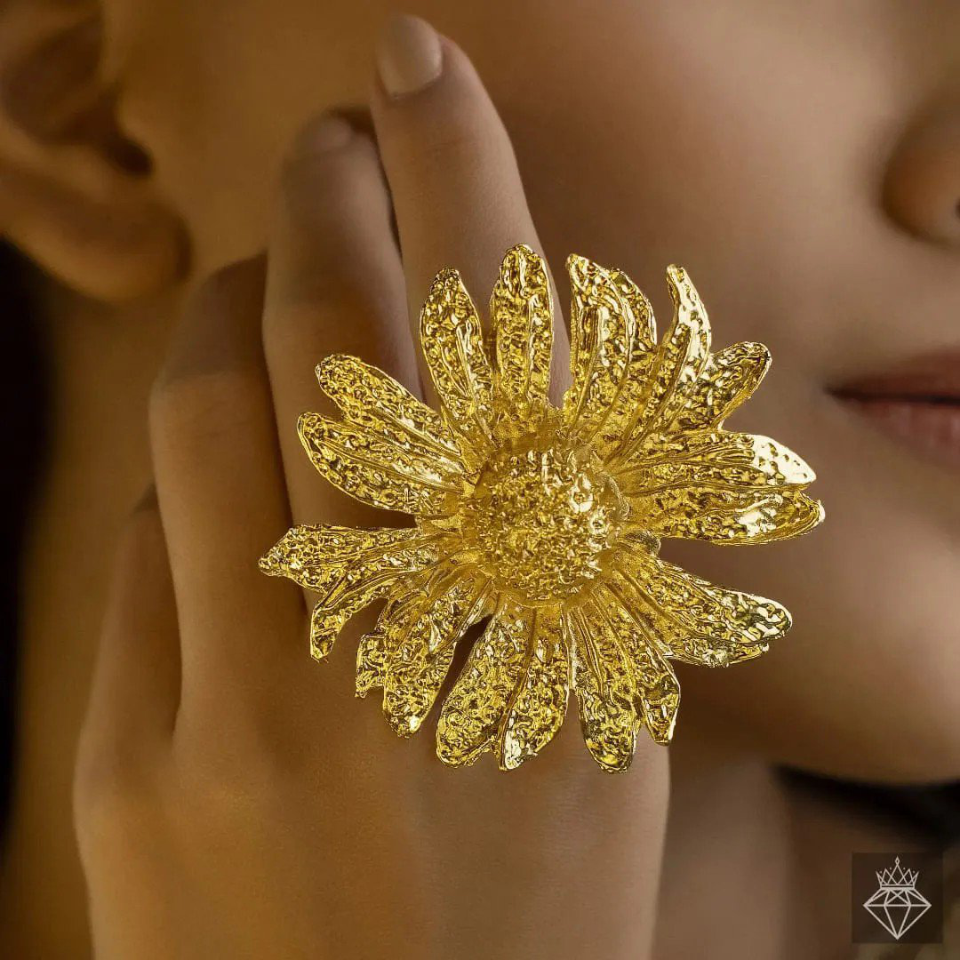 Gold-Plated Sunflower Adjustable Statement Ring | PSE-M889