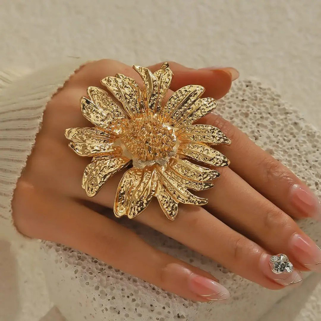 Gold-Plated Sunflower Adjustable Statement Ring | PSE-M889