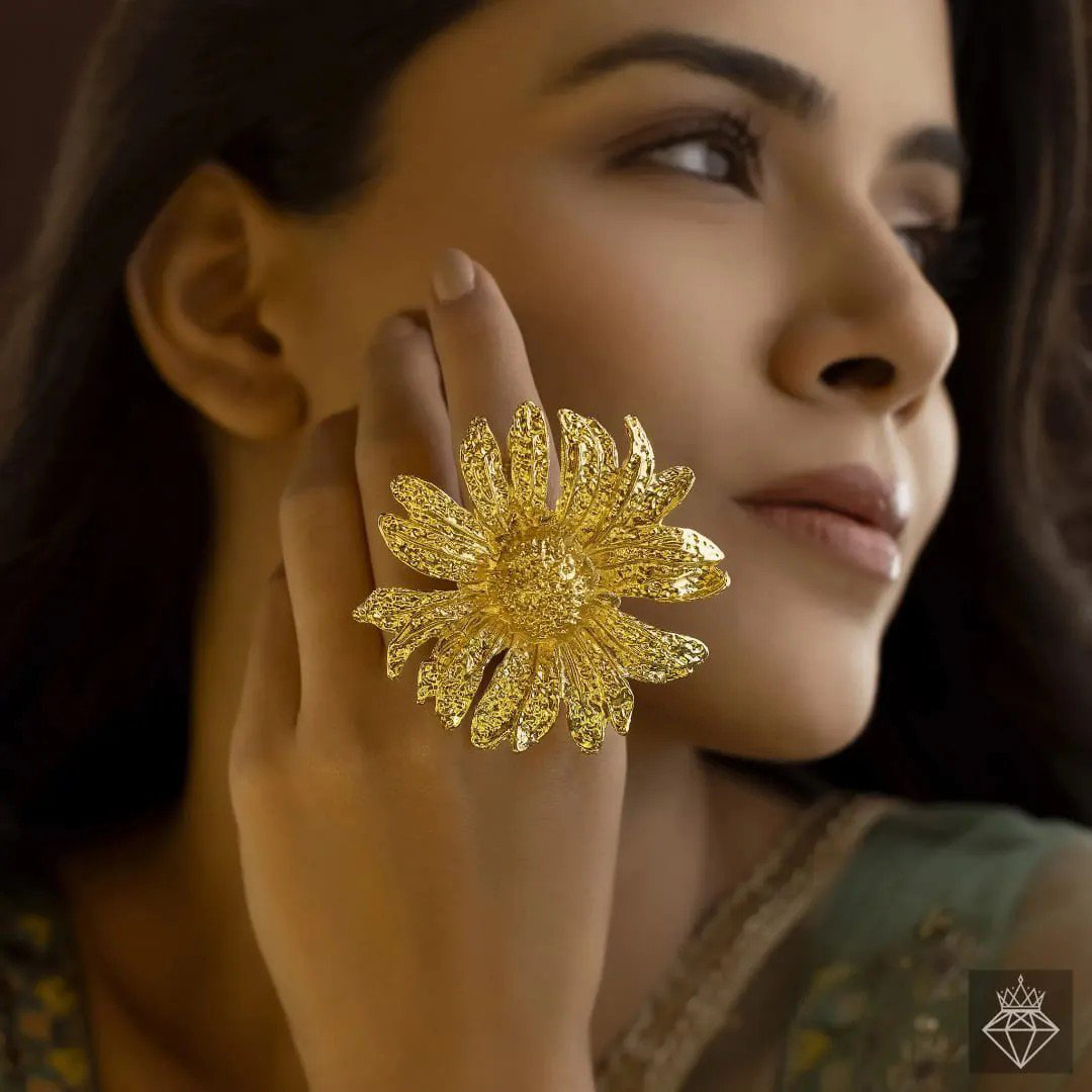 Gold-Plated Sunflower Adjustable Statement Ring | PSE-M889