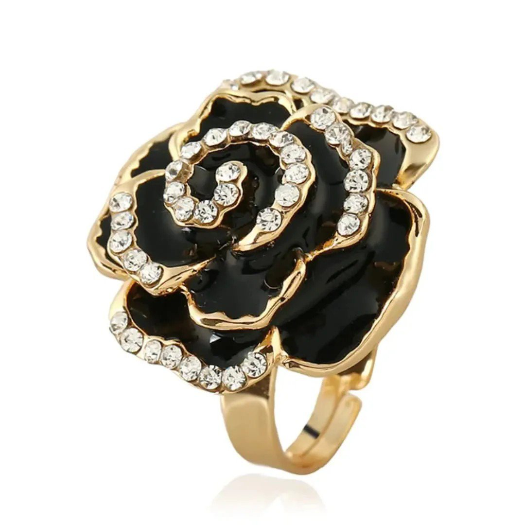 Gold-Plated Stone Studded Black Rose Shape Finger Ring | PSE-M917