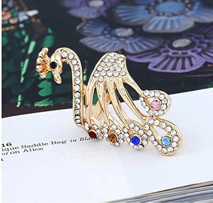 Cute Gold Multi-Color Rhinestone Peacock Band Ring | PSE-M930