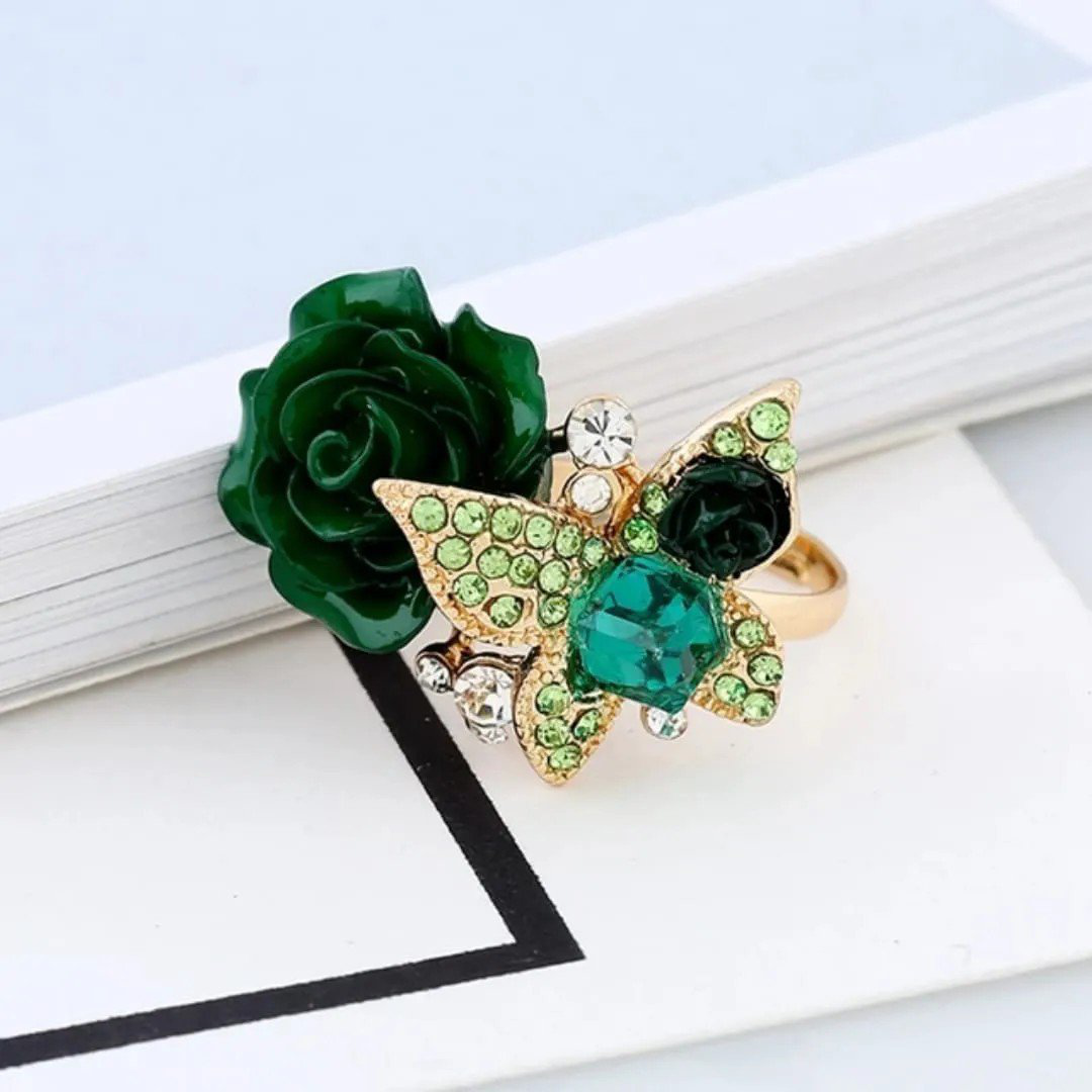 Green Floral Rose Butterfly Statement Ring with Crystal | PSE-M931