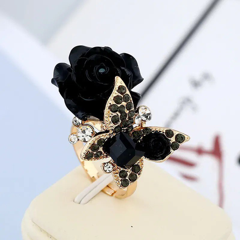 Floral Rose Butterfly Statement Ring with Black Crystal Rhinestones | PSE-M931