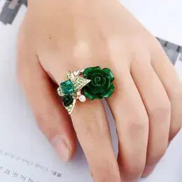 Green Floral Rose Butterfly Statement Ring with Crystal | PSE-M931