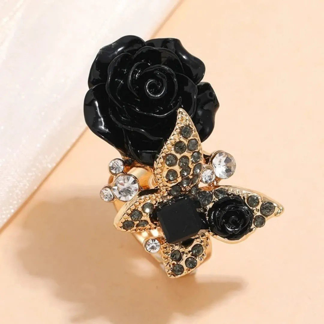 Floral Rose Butterfly Statement Ring with Black Crystal Rhinestones | PSE-M931