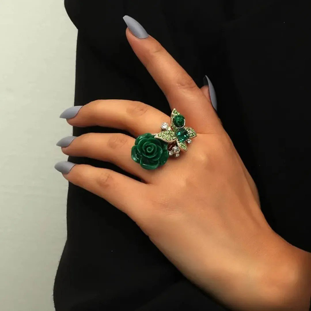 Green Floral Rose Butterfly Statement Ring with Crystal | PSE-M931