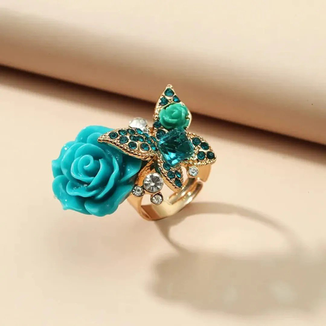 Blue Rose Butterfly Statement Ring with Crystal | PSE-M931