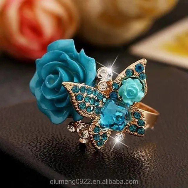 Blue Rose Butterfly Statement Ring with Crystal | PSE-M931