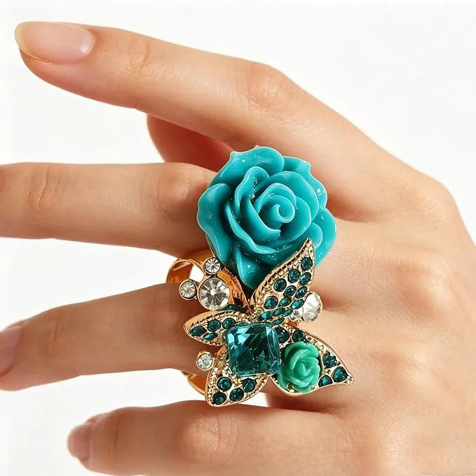 Blue Rose Butterfly Statement Ring with Crystal | PSE-M931