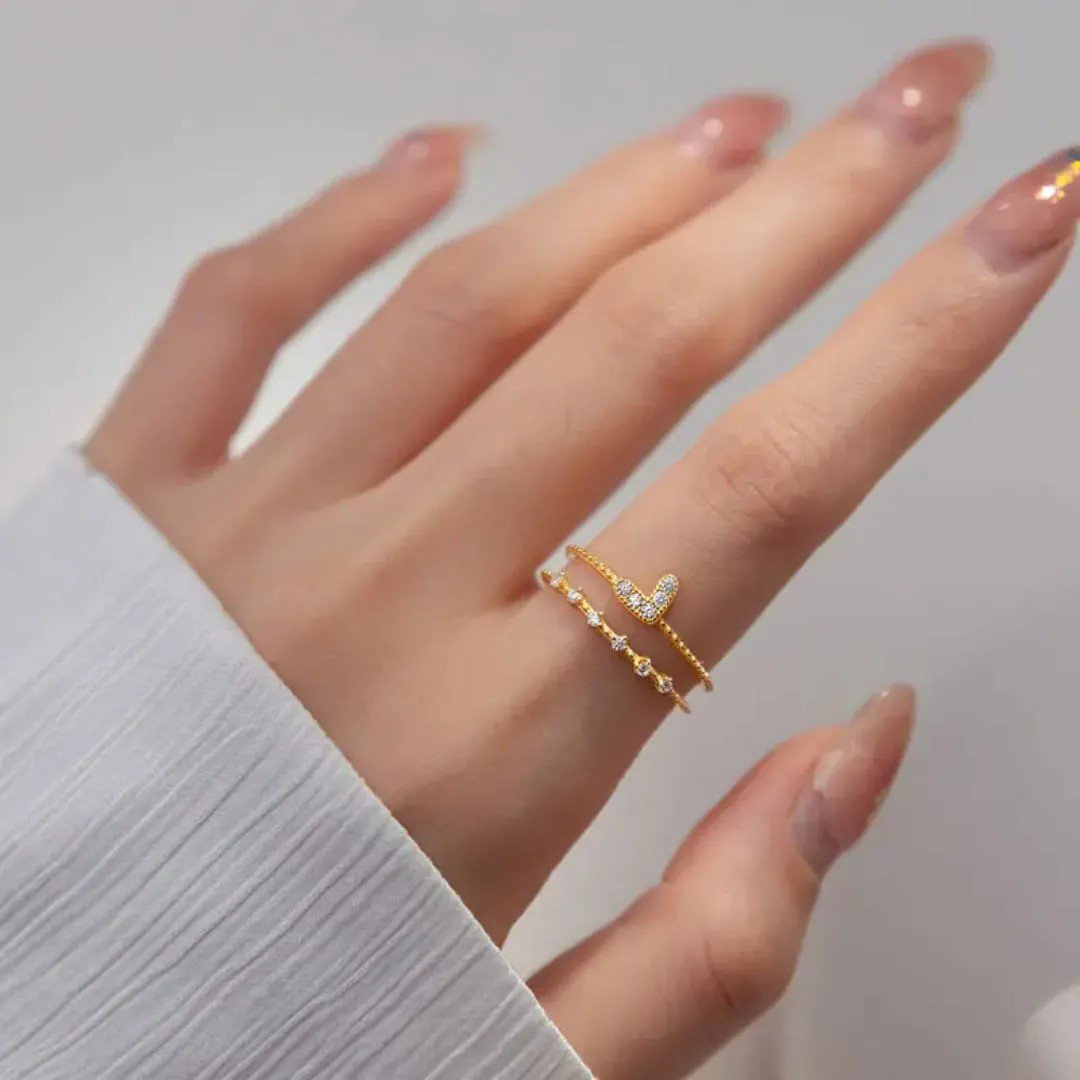 Double Layers Heart Mini Diamond Gold-Plated Open Ring | PSE-M943