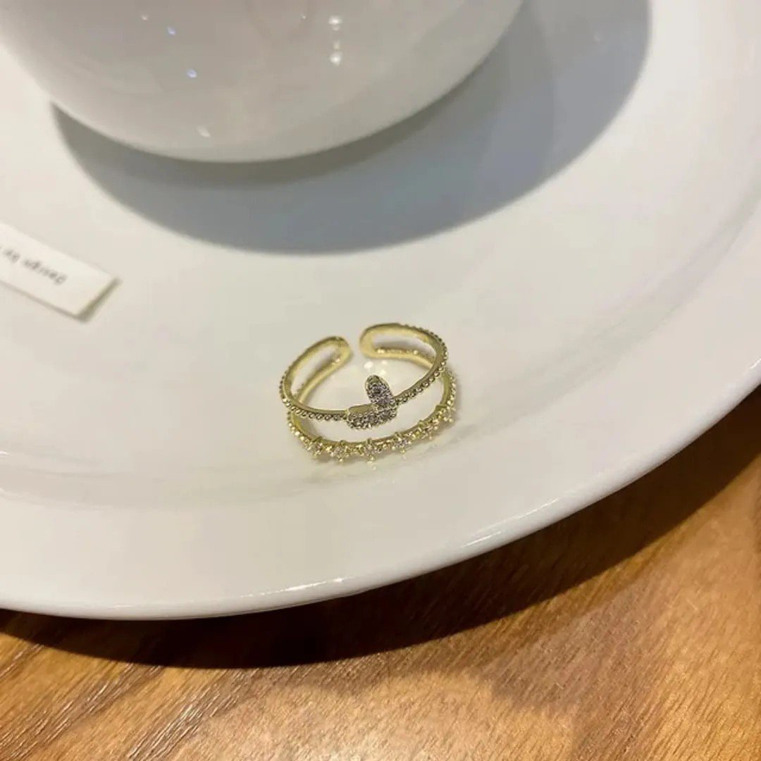 Double Layers Heart Mini Diamond Gold-Plated Open Ring | PSE-M943