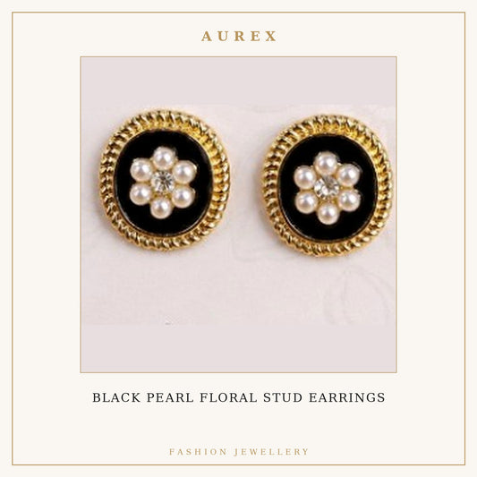 Black Pearl Floral Stud Earrings