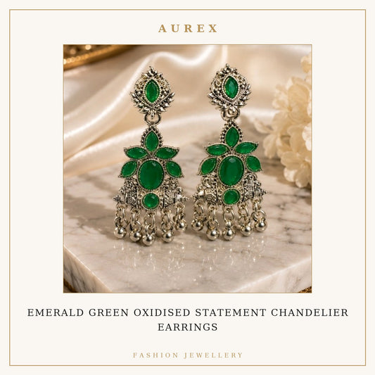 Emerald Green Oxidised Statement Chandelier Earrings