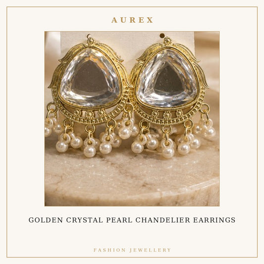 Golden Crystal Pearl Chandelier Earrings